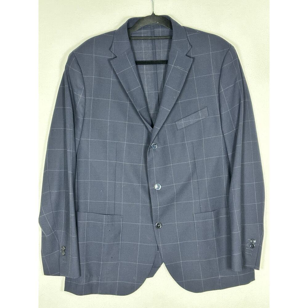 Massimo Dutti Mens Blazer 48 Navy Blue Windowpane Casual Extra Fine Wool Preppy